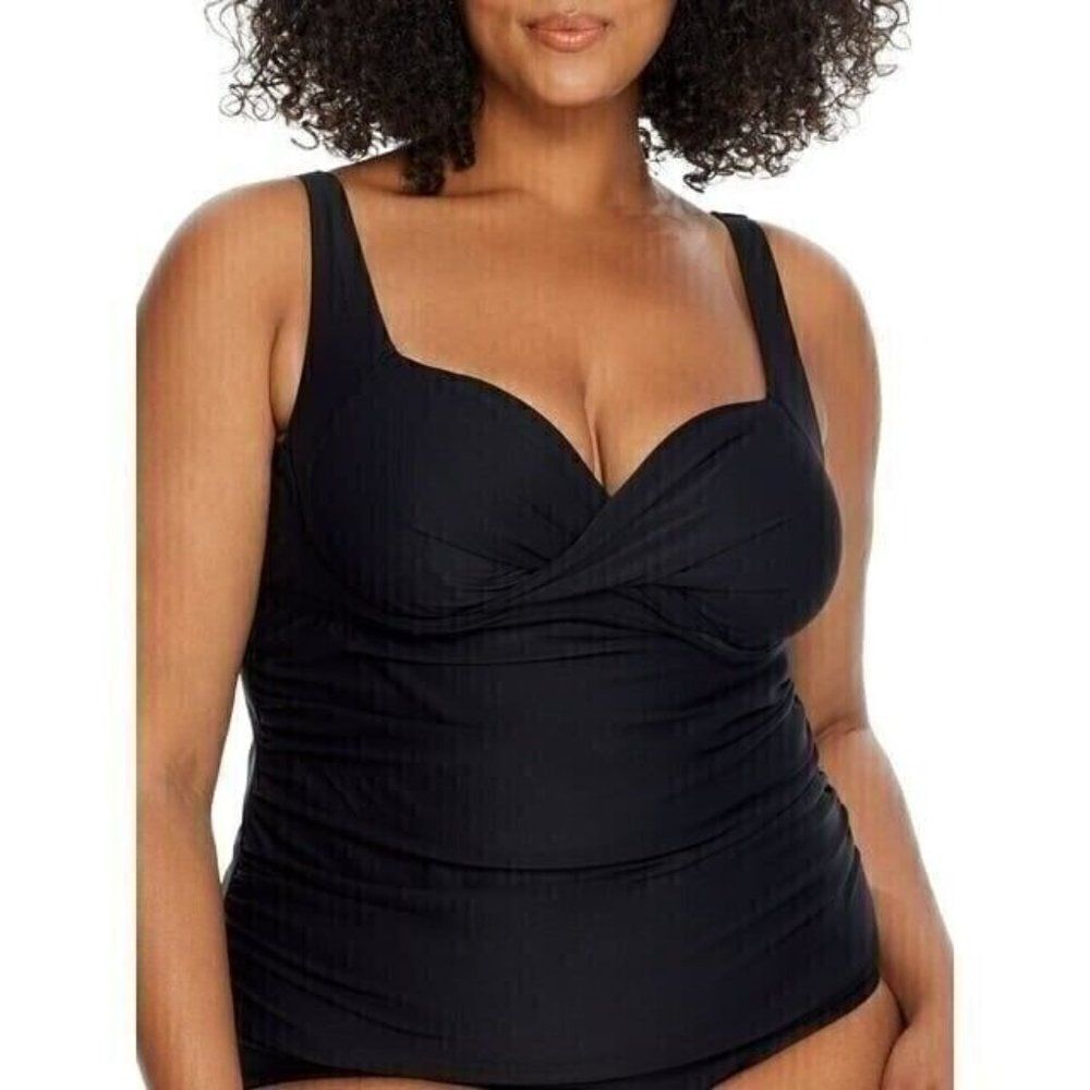 Birdsong Plus Size 22W ECO ONYX Shirred Ruched Underwire Tankini Swim Top Black